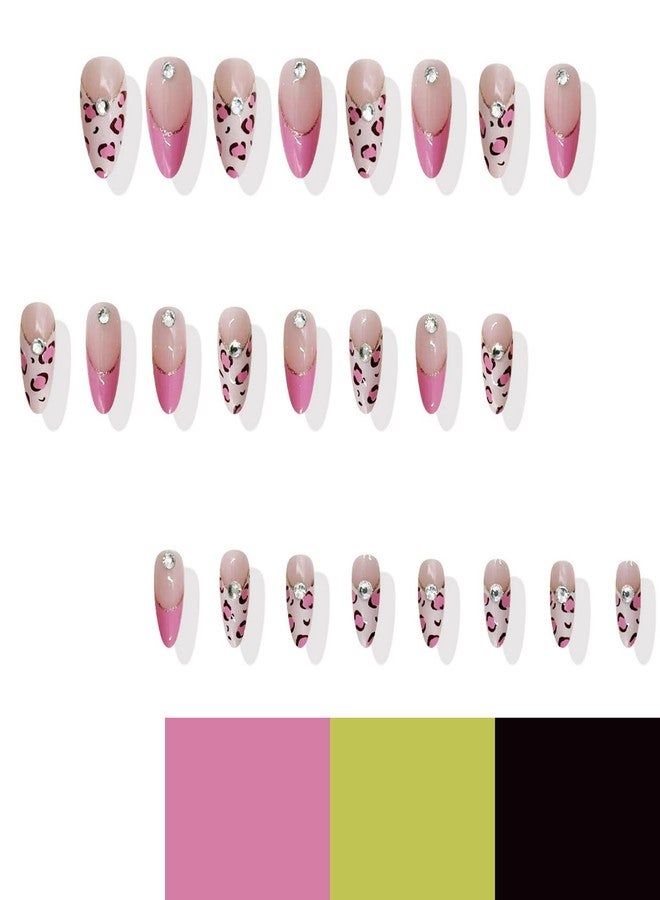 GRITOSE Pink Press on Nails Almond Fake Nails Leopard Print French Tip Press ones with designs Rhinestones Acrylic Nails Gold Glitter Artificial Nails Full Cover Glue on Nails for Women Manicure24pcs - Image 3